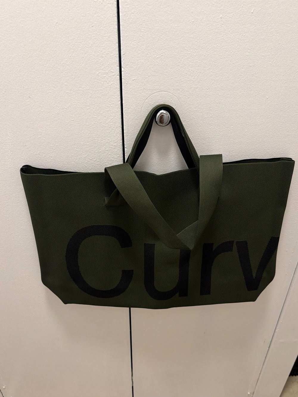 Olive Green Canvas Tote Bag with Black Text - Curv